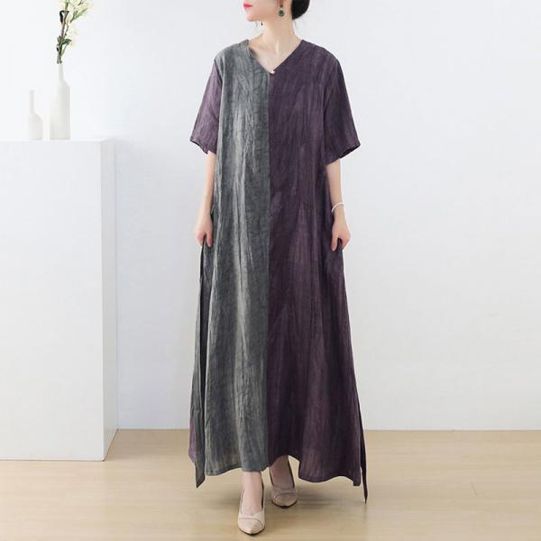 Purple and Gray Loose Linen Dress V-Neck Summer Tie Back Dress