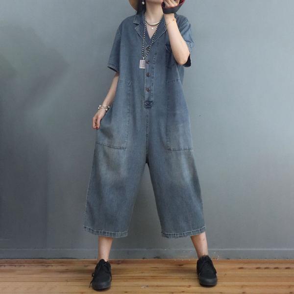 Polo Neck Denim Casual Jumpsuits  Loose Wide Leg Gardening Clothes