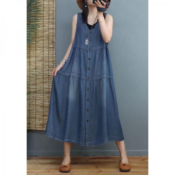 Button Down Loose Denim Dress Tencel Denim Sleeveless Dress