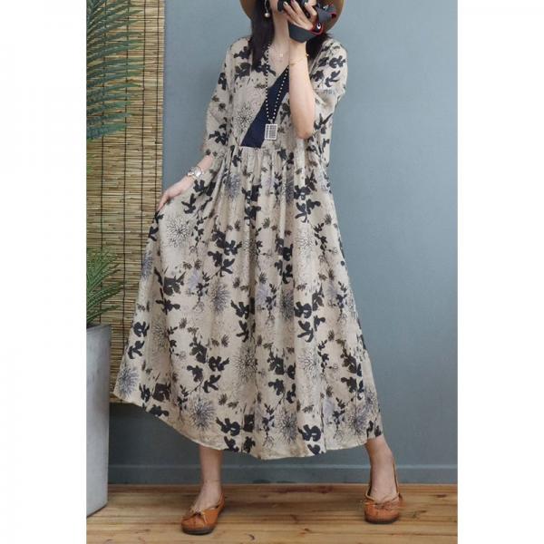 Black Flowers Printed Beach Dress Empire Waist Loose Flare Dress