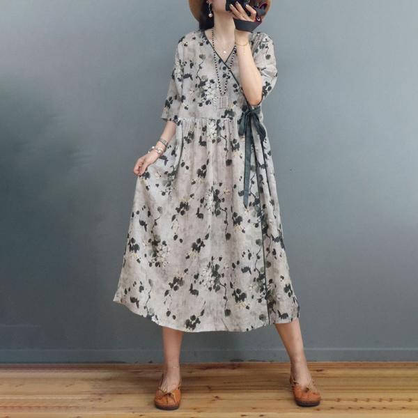 High-Waist Linen Wrap Dress Black Flowers Loose Front Tied Dress