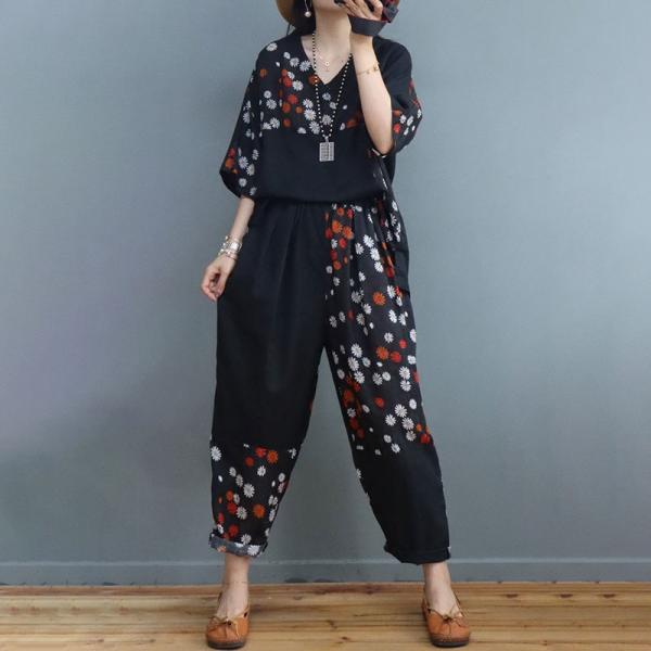 Little Daisy Prints Black Flax Clothing with Straight Legs Loose Pants
