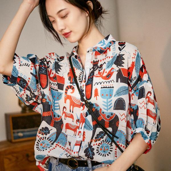 Weirdo Colorful Pattern Blouse Womens Ramie BF Shirt