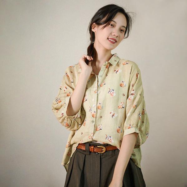 Summer Comfy Casual Shirt Linen Floral Blouse for Women