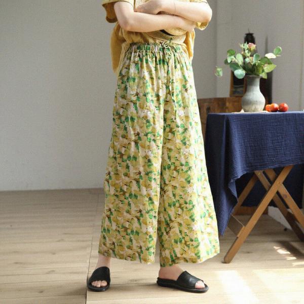 Drawstring Waist Printed Wide Leg Pants Womens Linen Ankle Pants