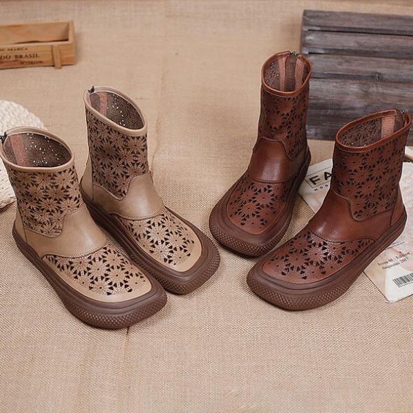 Boho Chic Flowers Holes Designer Boots Cowhide Leather Combat Boots