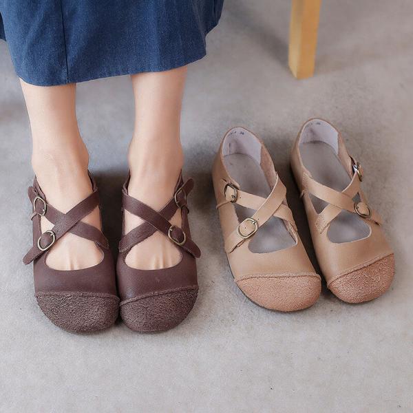 Cross Straps Leather Comfy Shoes Soft Granny Flat Sandals