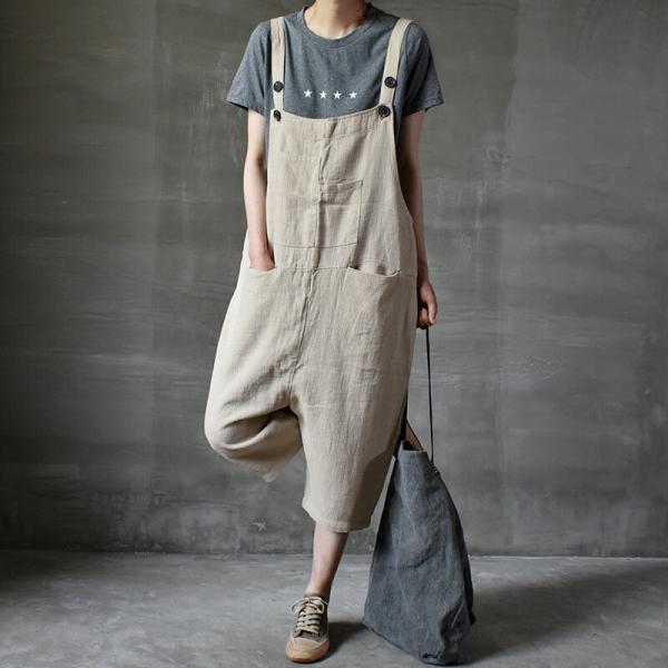 Simple Design Cotton Overalls Womens Cropped Dungarees