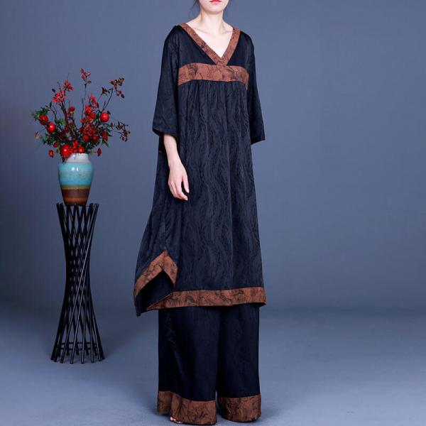 V-Neck Asymmetrical Black Loose Tunic with Palazzo Pants