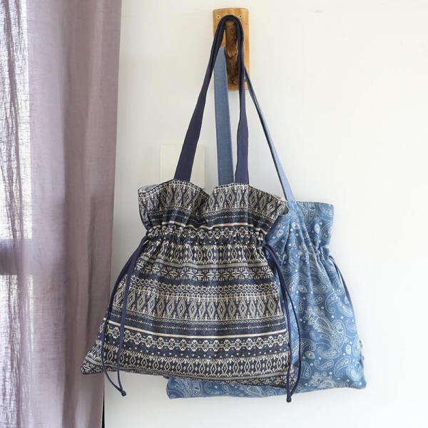 Boho Chic Drawstring Tote Folk Printed Beach Bag