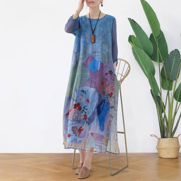 Silk Sleeve Printing Chinese Dress Midi Loose Shift Dress