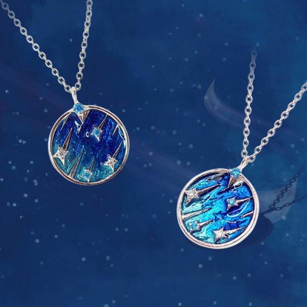 Blue Stars Designer Necklace Silver Circular Jewelry