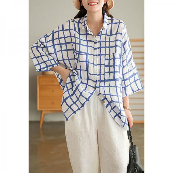 Office Casual Blue Plaid Blouse Plus  Size Linen Shirt