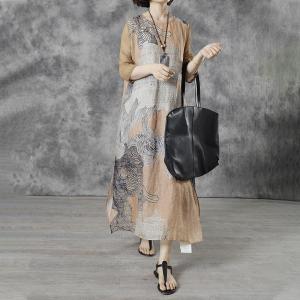Silk Sleeve Painted Linen Wrap Dress Loose Ramie Midi Dress
