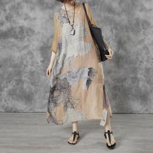 Silk Sleeve Painted Linen Wrap Dress Loose Ramie Midi Dress