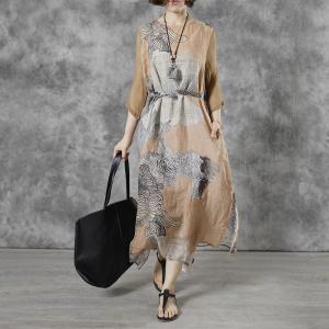 Silk Sleeve Painted Linen Wrap Dress Loose Ramie Midi Dress