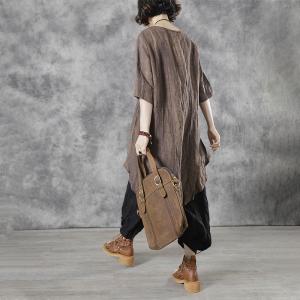 Solid Colors Drawstring Blouse Asymmetrical Loose Linen Tunic