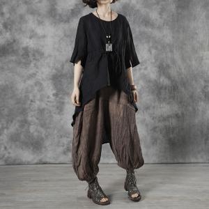 Solid Colors Drawstring Blouse Asymmetrical Loose Linen Tunic