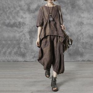 Solid Colors Drawstring Blouse Asymmetrical Loose Linen Tunic