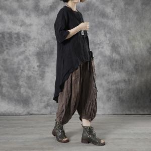 Loose-Fit Linen Tied Shirt Flax Black Tunic Top for Women