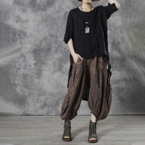 Loose-Fit Linen Tied Shirt Flax Black Tunic Top for Women