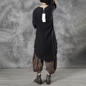 Loose-Fit Linen Tied Shirt Flax Black Tunic Top for Women