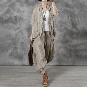 Casual Linen Kimono Shirt Womens Apricot Belted Blouse