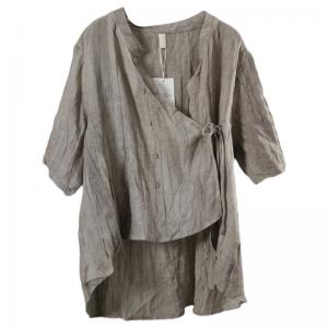 Casual Linen Kimono Shirt Womens Apricot Belted Blouse