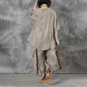 Casual Linen Kimono Shirt Womens Apricot Belted Blouse