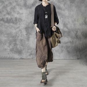 Summer Breathable Loose Flax Clothing Black Linen Wrap Shirt