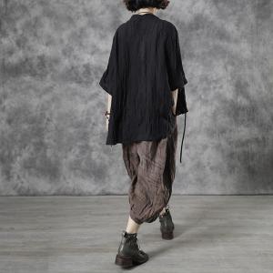 Summer Breathable Loose Flax Clothing Black Linen Wrap Shirt