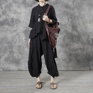 Summer Breathable Loose Flax Clothing Black Linen Wrap Shirt