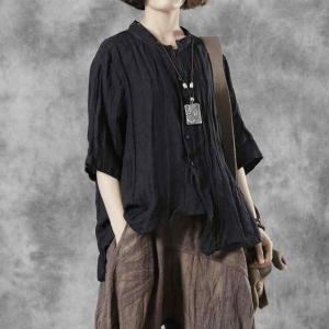 Summer Breathable Loose Flax Clothing Black Linen Wrap Shirt