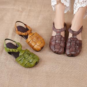 Super Cozy Gladiator Sandals Cowhide Leather T-Strap Flats