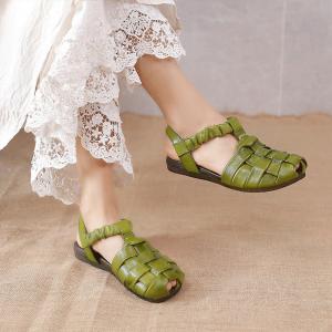 Super Cozy Gladiator Sandals Cowhide Leather T-Strap Flats