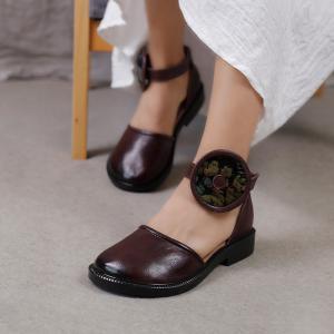 Embroidery Velcro Folk Sandals  Genuine Leather Vintage Shoes
