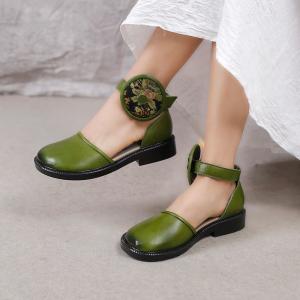 Embroidery Velcro Folk Sandals  Genuine Leather Vintage Shoes