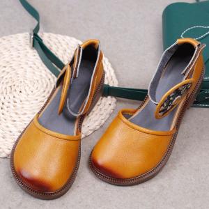 Embroidery Velcro Folk Sandals  Genuine Leather Vintage Shoes