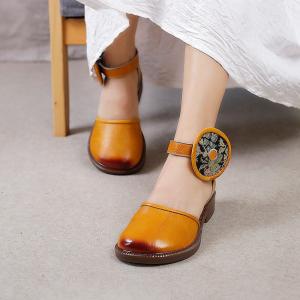 Embroidery Velcro Folk Sandals  Genuine Leather Vintage Shoes