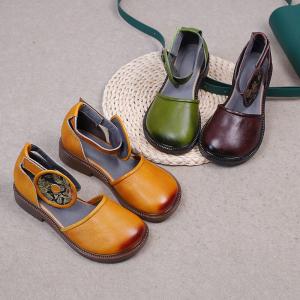 Embroidery Velcro Folk Sandals  Genuine Leather Vintage Shoes