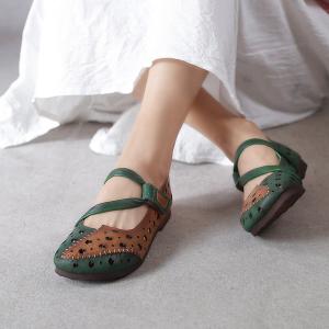 Folk Style Holes Cozy Sandals Contrast Colors Leather Granny Shoes