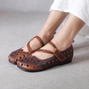 Folk Style Holes Cozy Sandals Contrast Colors Leather Granny Shoes