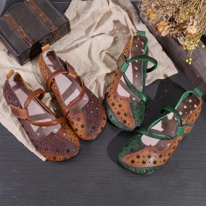Folk Style Holes Cozy Sandals Contrast Colors Leather Granny Shoes