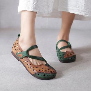 Folk Style Holes Cozy Sandals Contrast Colors Leather Granny Shoes