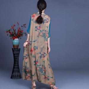 Cotton Linen V-Neck Floral Dress Summer Loose Tied Dress