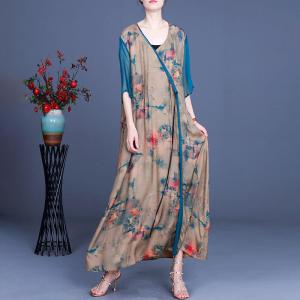 Cotton Linen V-Neck Floral Dress Summer Loose Tied Dress