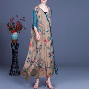 Cotton Linen V-Neck Floral Dress Summer Loose Tied Dress