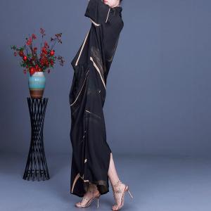 Back Slits Silky Front Cross Dress Loose Black Striped Maxi Dress