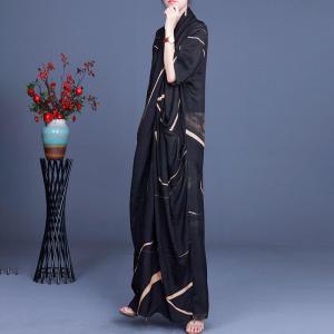 Back Slits Silky Front Cross Dress Loose Black Striped Maxi Dress