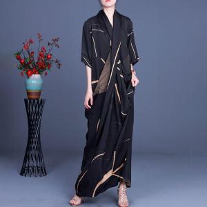 Back Slits Silky Front Cross Dress Loose Black Striped Maxi Dress